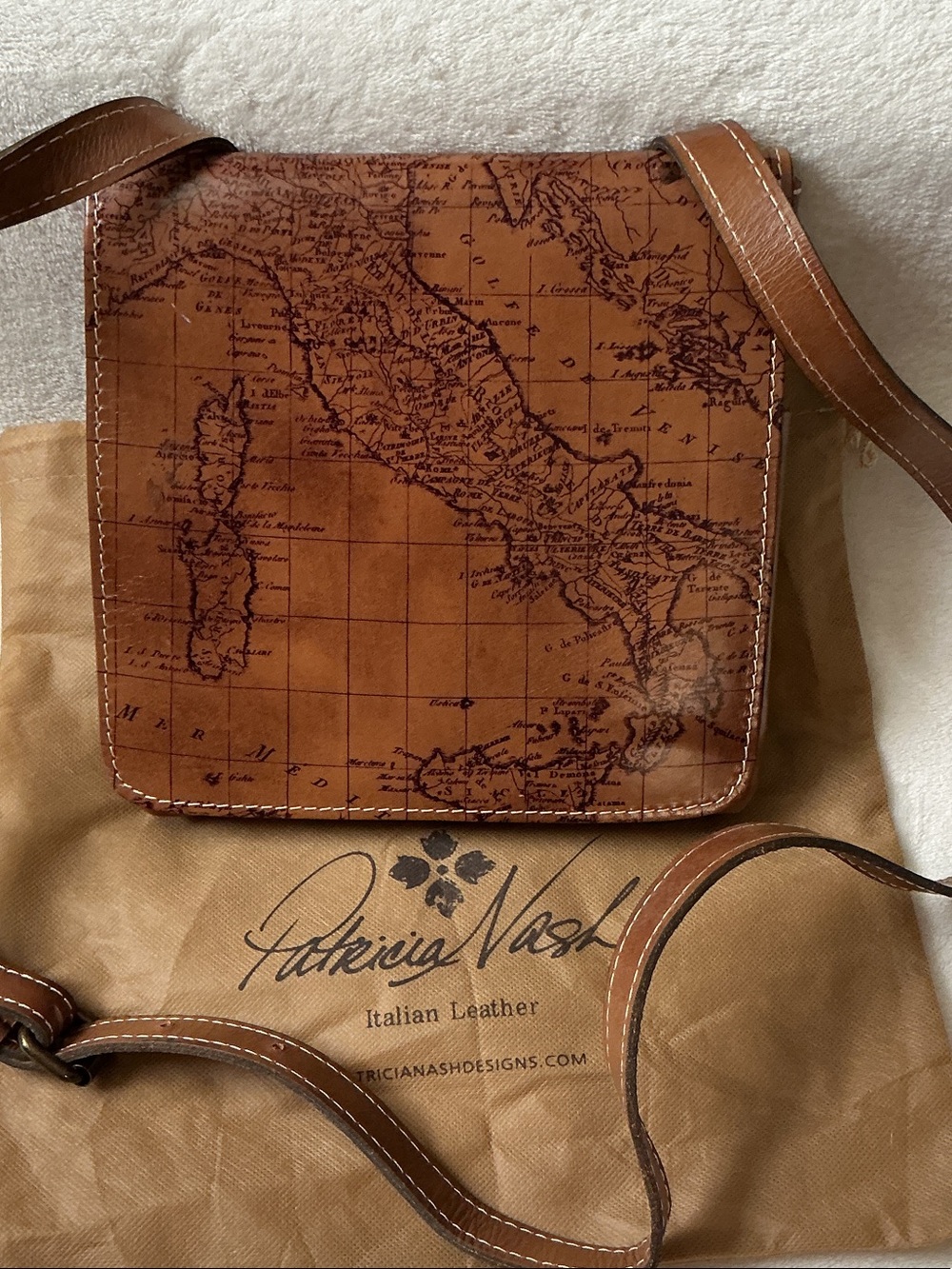Patricia Nash Cognac Map-Print Leather Messenger